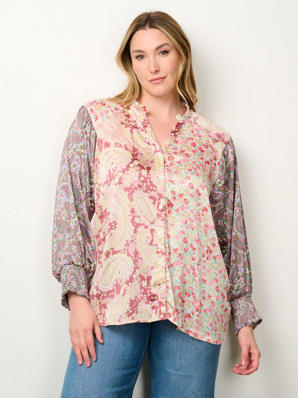 PLUS SIZE LONG SLEEVE BUTTON UP COLORBLOCK FLORAL BLOUSE TOP
