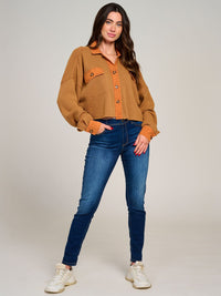 WOMEN'S LONG SLEEVE BUTTON CLOSURE FRONT POCKET WAFFLE TOP