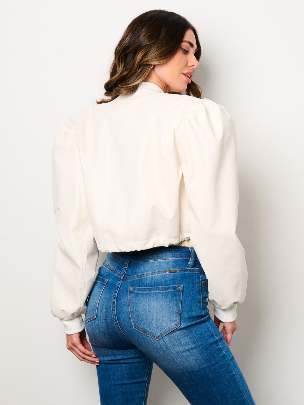 WOMEN'S LONG PUFF SLEEVE ZIP UP FRONT POCKETS PU PLEATHER JACKET