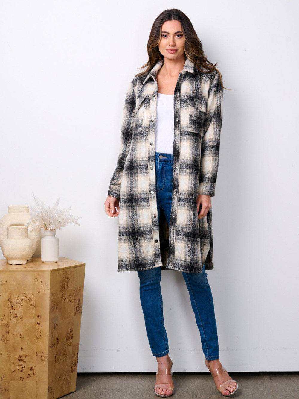 WOMEN'S LONG SLEEVE BUTTON UP POCKETS PLAID COAT