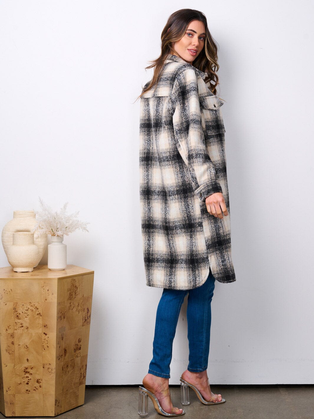 WOMEN'S LONG SLEEVE BUTTON UP POCKETS PLAID COAT