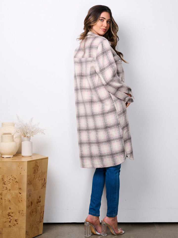 WOMEN'S LONG SLEEVE BUTTON UP POCKETS PLAID COAT
