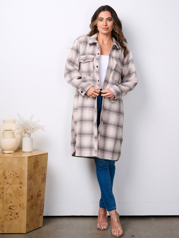 WOMEN'S LONG SLEEVE BUTTON UP POCKETS PLAID COAT