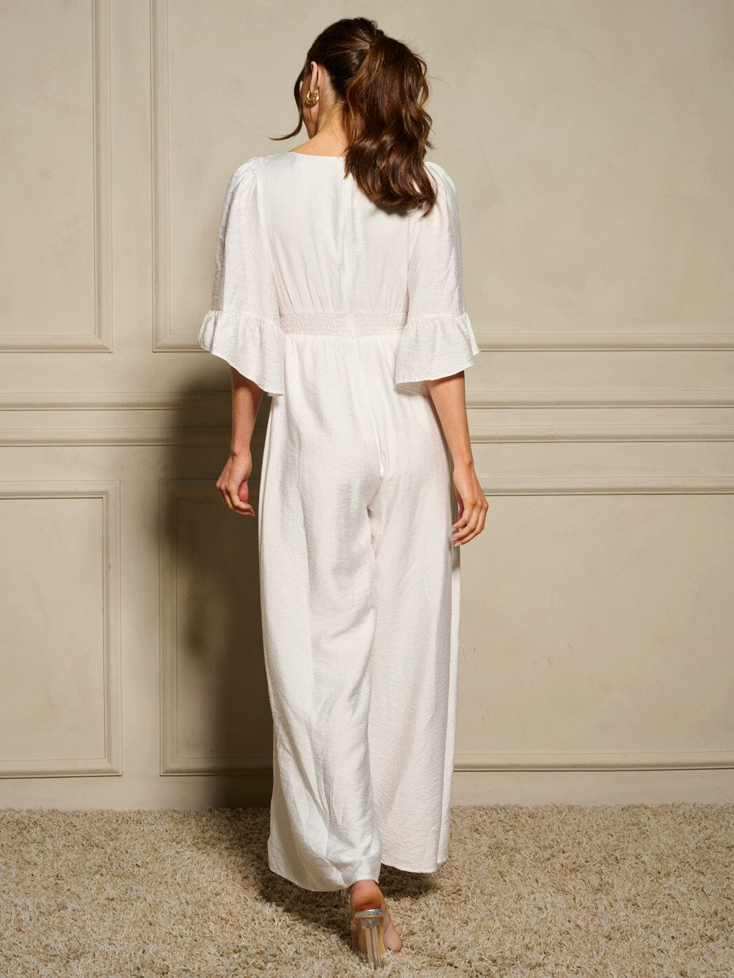 WOMEN'S 3/4 RUFFLE SLEEVE V-NECK DETAILED WIDE LEG JUMPSUIT
