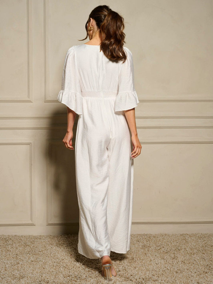 WOMEN'S 3/4 RUFFLE SLEEVE V-NECK DETAILED WIDE LEG JUMPSUIT
