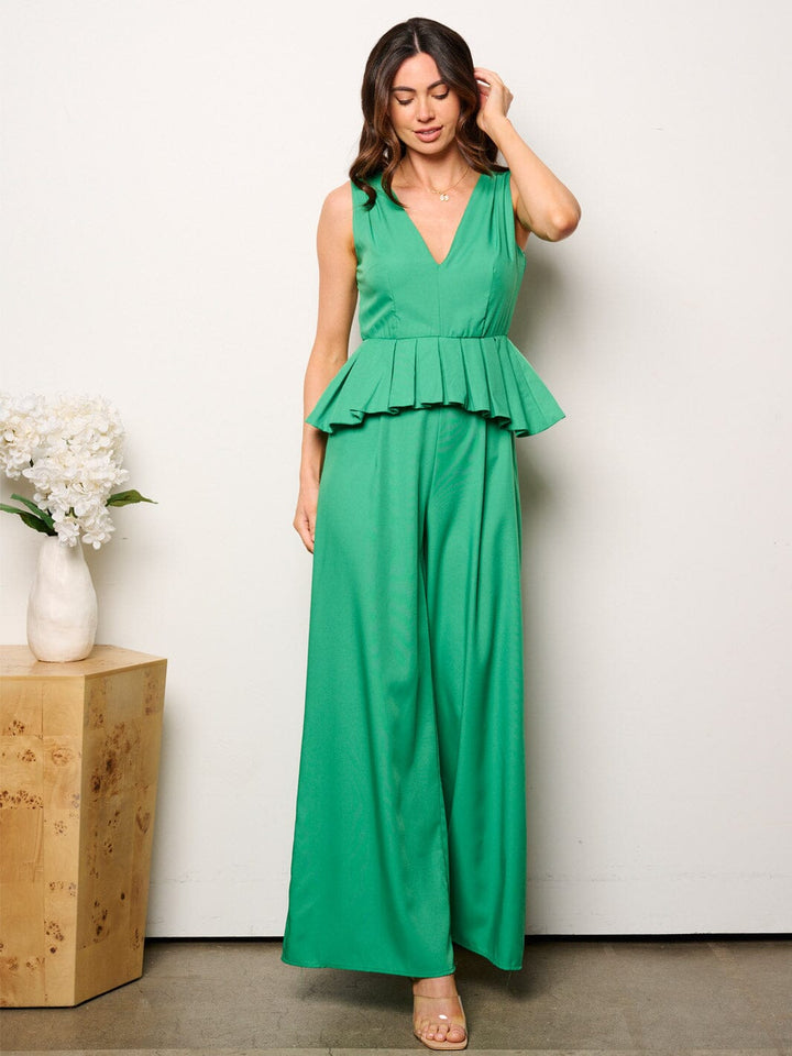 WOMEN'S SLEEVELESS V-NECK RUFFLE WAIST WIDE LEG JUMPSUIT
