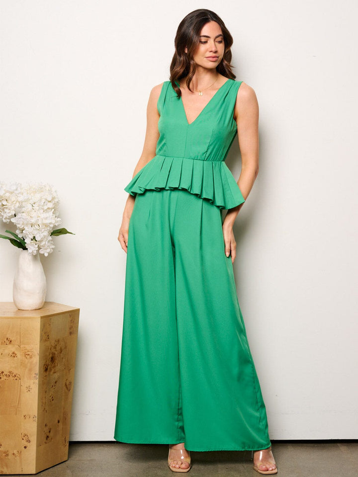 WOMEN'S SLEEVELESS V-NECK RUFFLE WAIST WIDE LEG JUMPSUIT
