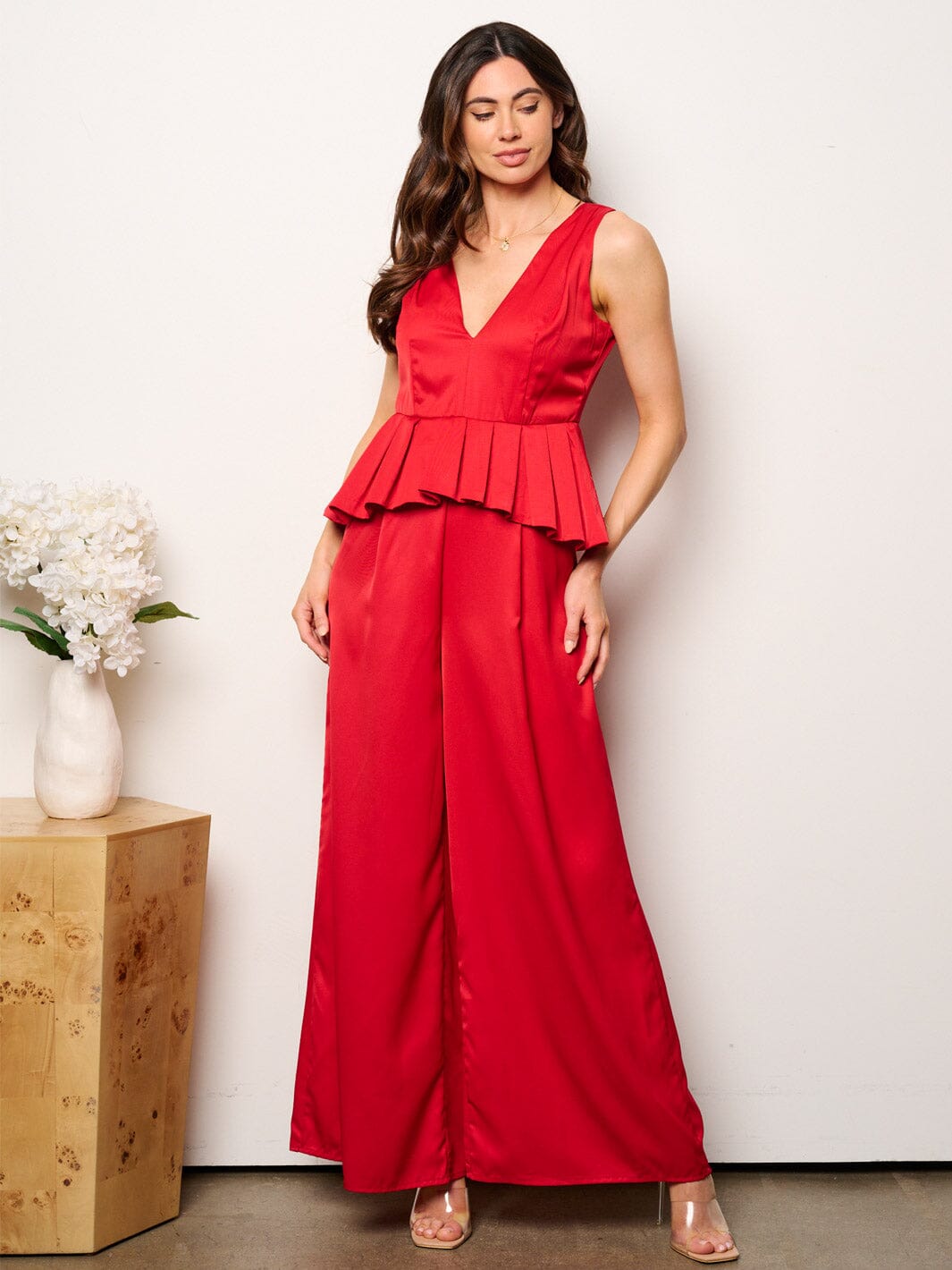 WOMEN'S SLEEVELESS V-NECK RUFFLE WAIST WIDE LEG JUMPSUIT