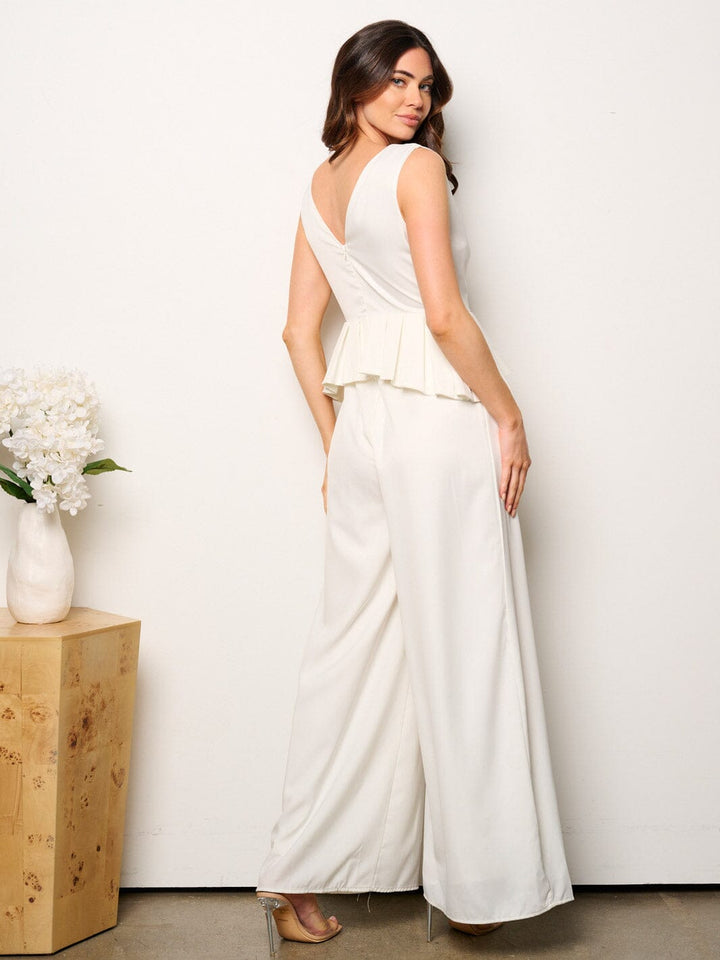 WOMEN'S SLEEVELESS V-NECK RUFFLE WAIST WIDE LEG JUMPSUIT
