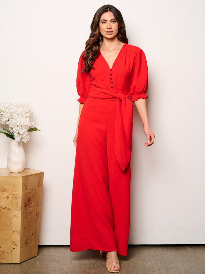 WOMEN'S SHORT SLEEVE V-NECK SELF TIE WIDE LEG JUMPSUIT