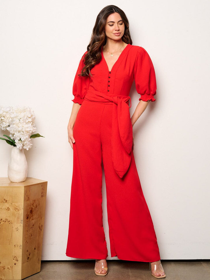 WOMEN'S SHORT SLEEVE V-NECK SELF TIE WIDE LEG JUMPSUIT
