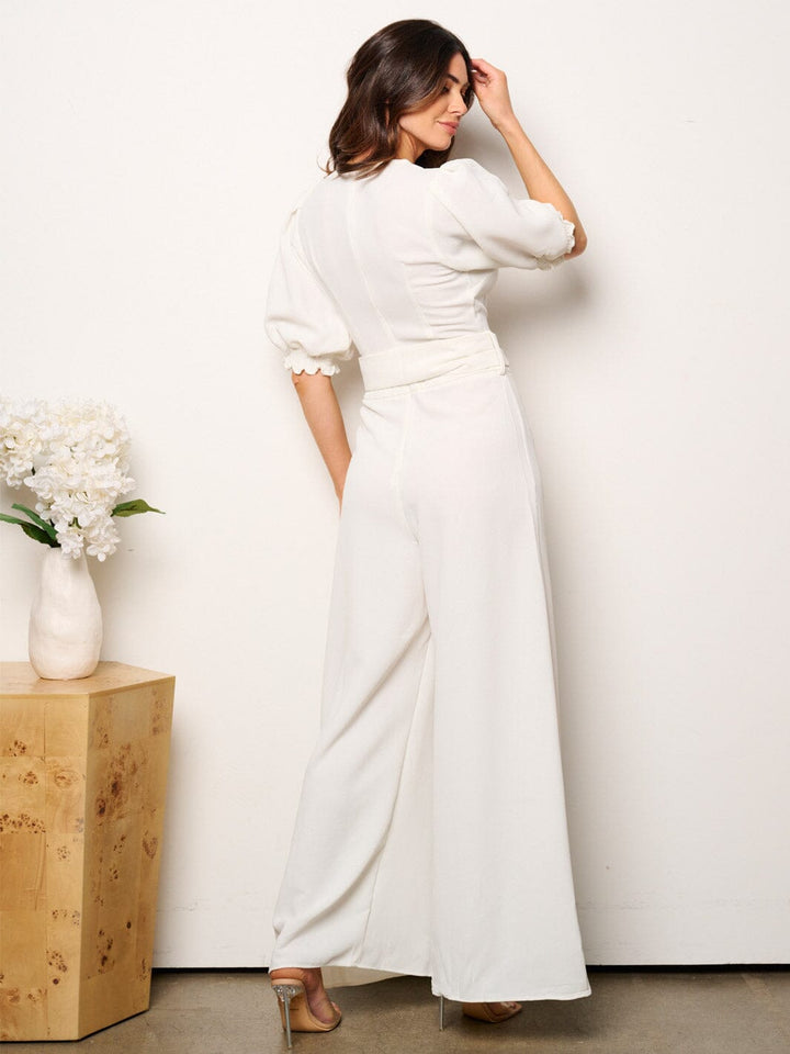 WOMEN'S SHORT SLEEVE V-NECK SELF TIE WIDE LEG JUMPSUIT