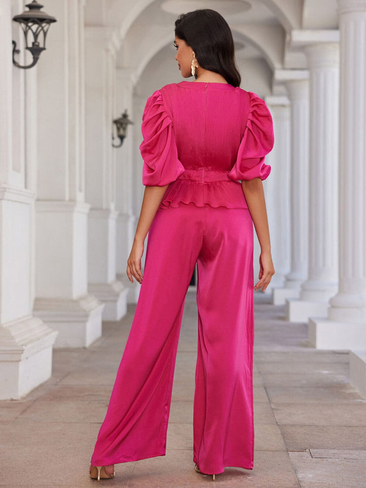 WOMEN'S SHORT PUFF SLEEVES V-NECK WIDE LEG JUMPSUIT