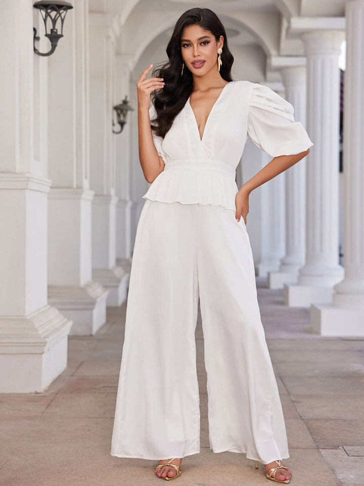 WOMEN'S SHORT PUFF SLEEVES V-NECK WIDE LEG JUMPSUIT