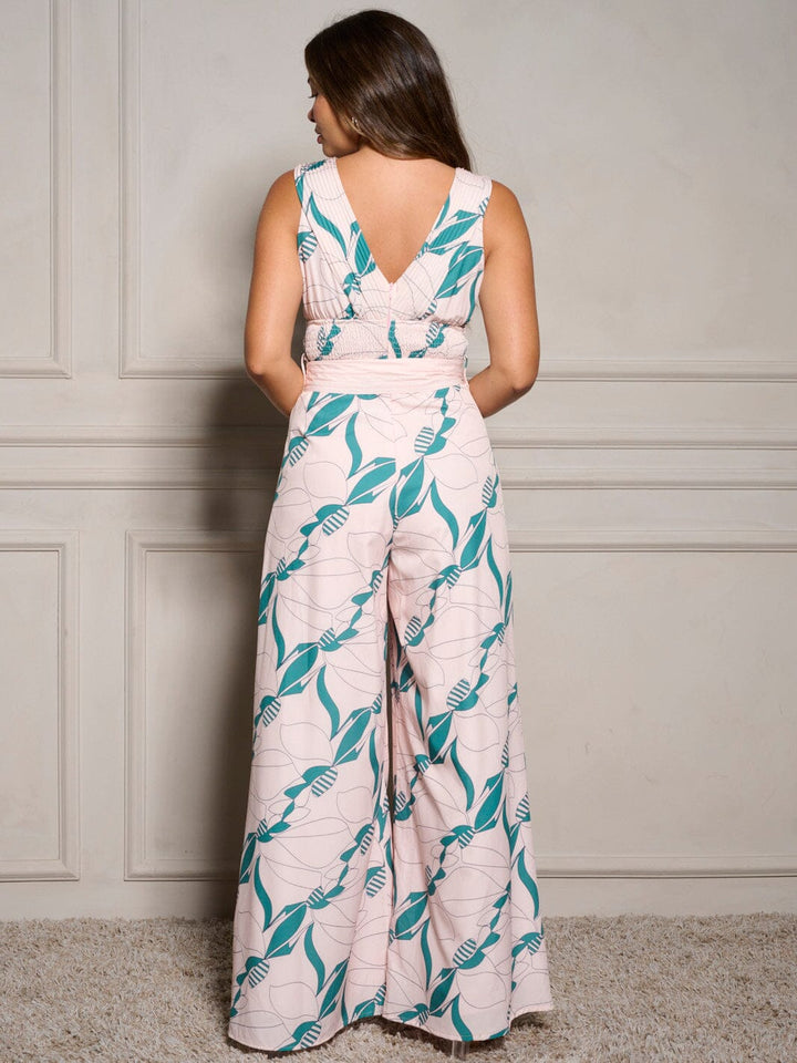 WOMEN'S SLEEVELESS SURPLICE BELTED WIDE LEG JUMPSUIT