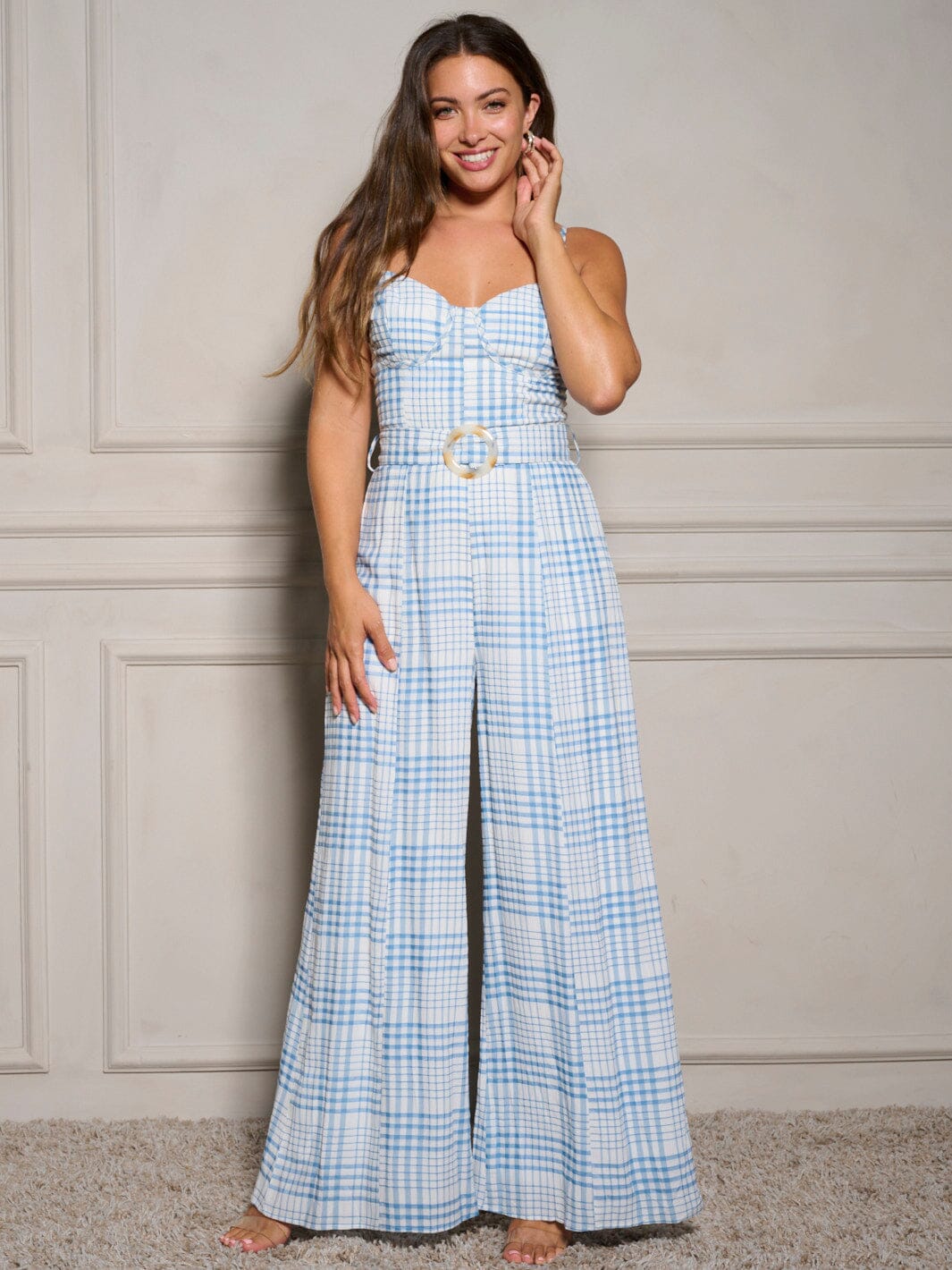 WOMEN'S SLEEVELESS BELTED PLAID WIDE LEG JUMPSUIT