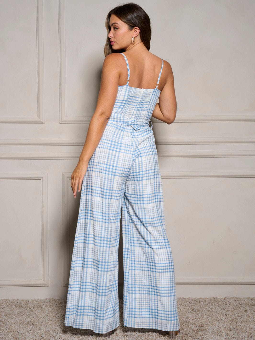 WOMEN'S SLEEVELESS BELTED PLAID WIDE LEG JUMPSUIT