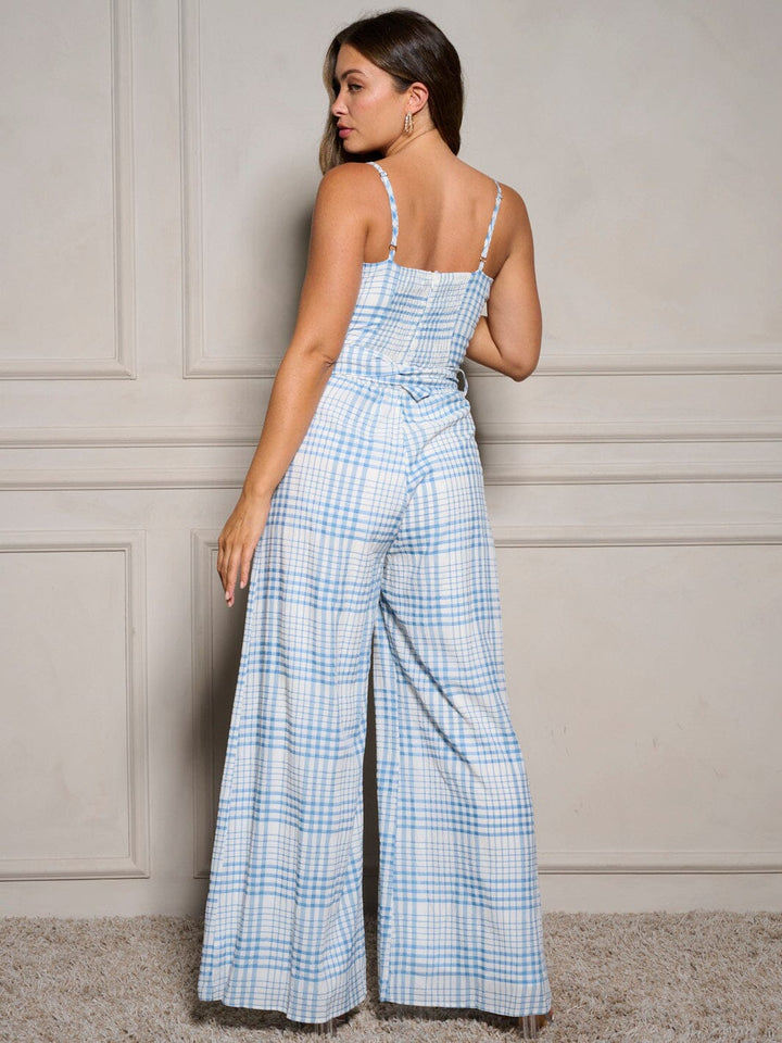 WOMEN'S SLEEVELESS BELTED PLAID WIDE LEG JUMPSUIT
