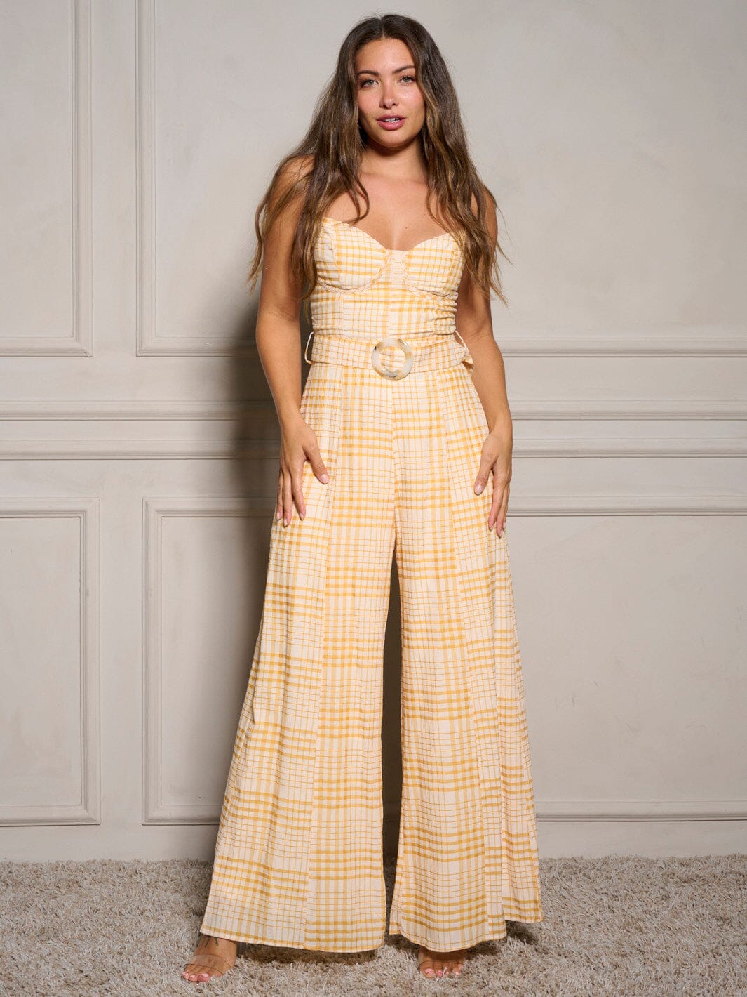WOMEN'S SLEEVELESS BELTED PLAID WIDE LEG JUMPSUIT