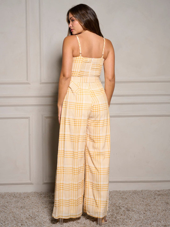 WOMEN'S SLEEVELESS BELTED PLAID WIDE LEG JUMPSUIT