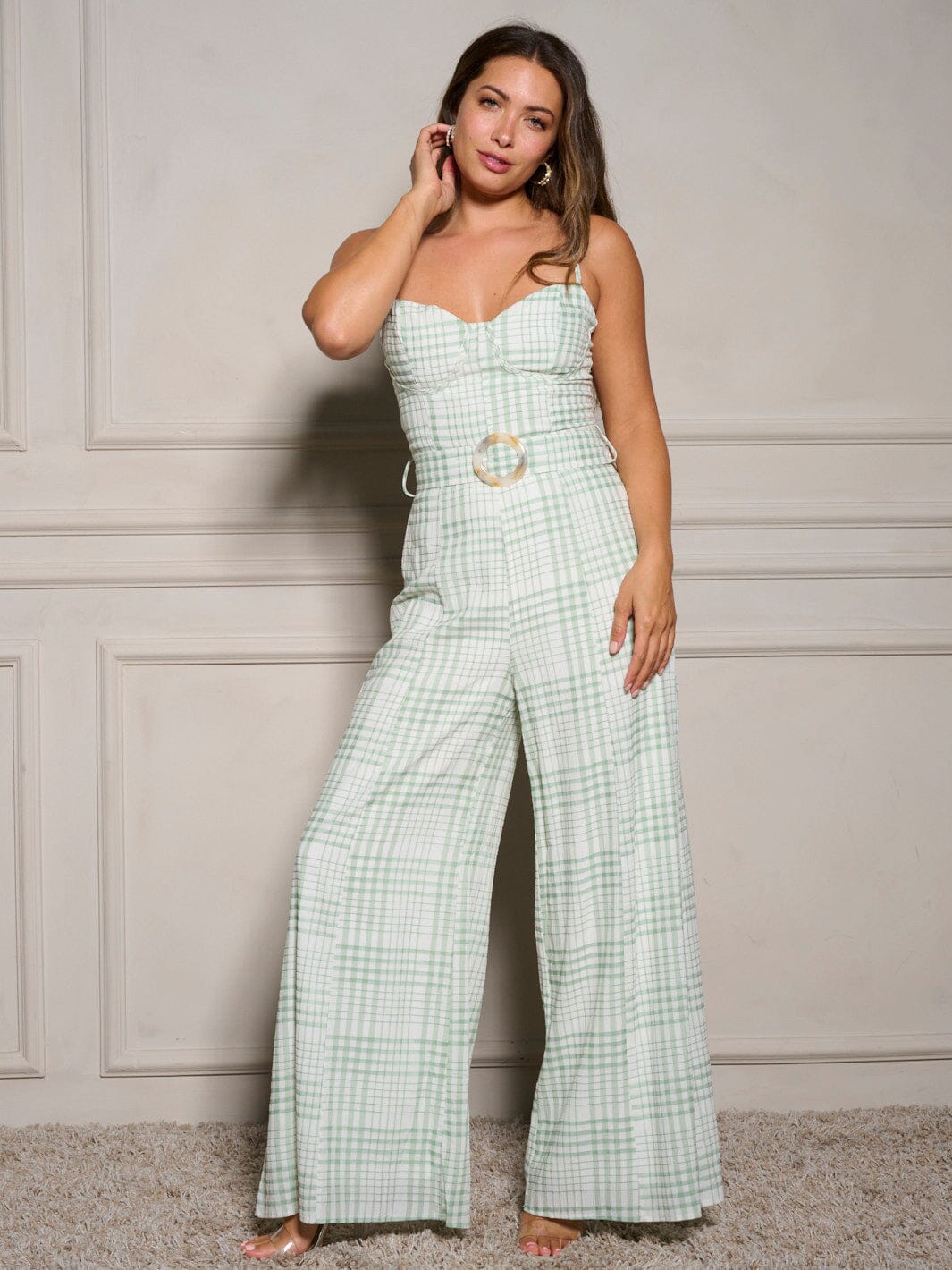 WOMEN'S SLEEVELESS BELTED PLAID WIDE LEG JUMPSUIT