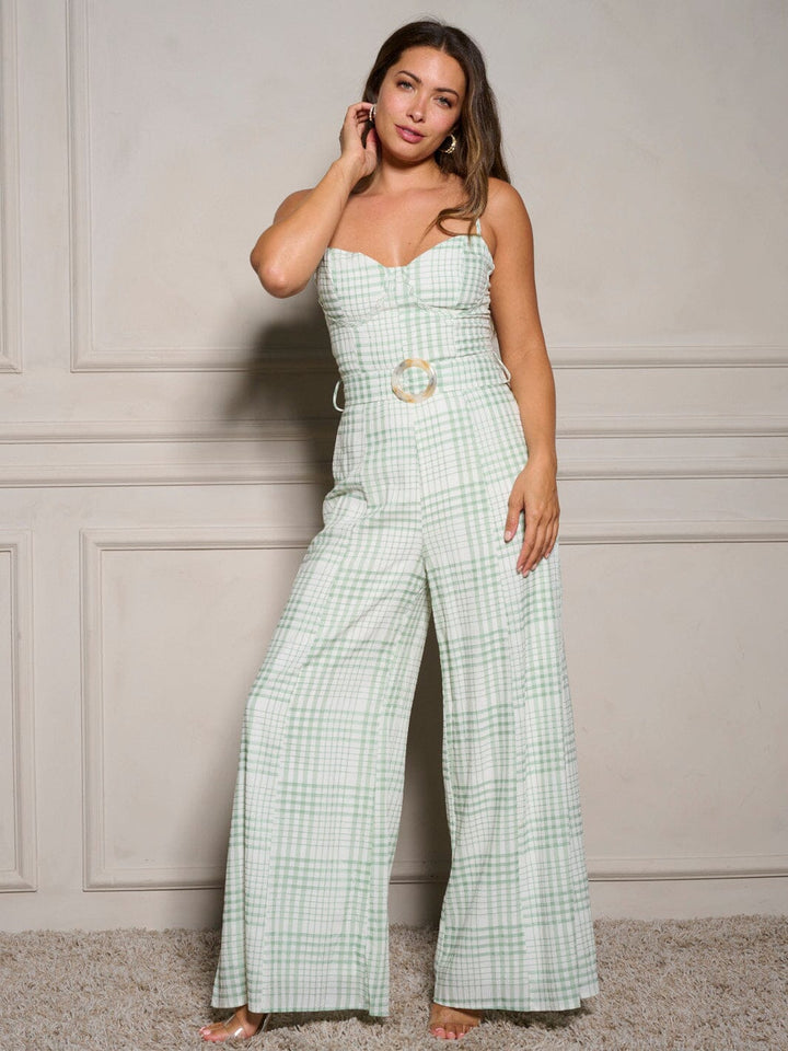 WOMEN'S SLEEVELESS BELTED PLAID WIDE LEG JUMPSUIT