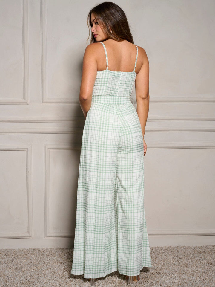 WOMEN'S SLEEVELESS BELTED PLAID WIDE LEG JUMPSUIT