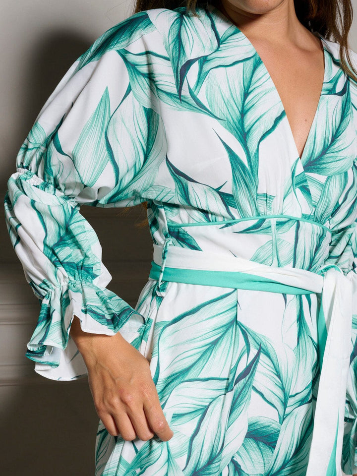 WOMEN'S LONG SLEEVE SURPLICE SELF TIE WIDE LEG LEAF PRINT JUMPSUIT