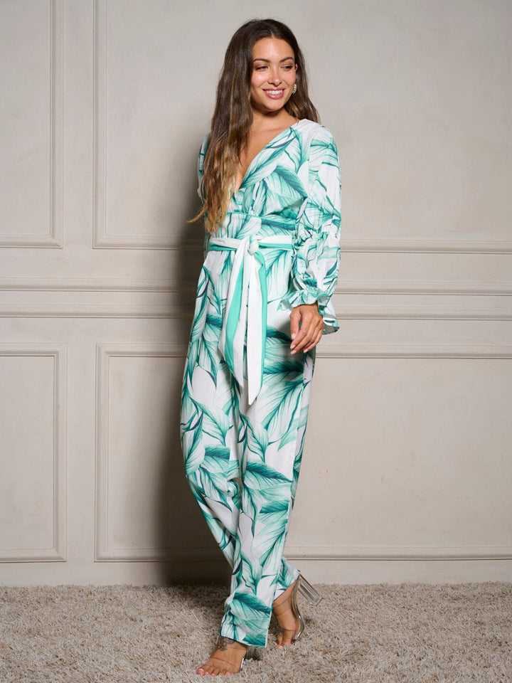 WOMEN'S LONG SLEEVE SURPLICE SELF TIE WIDE LEG LEAF PRINT JUMPSUIT