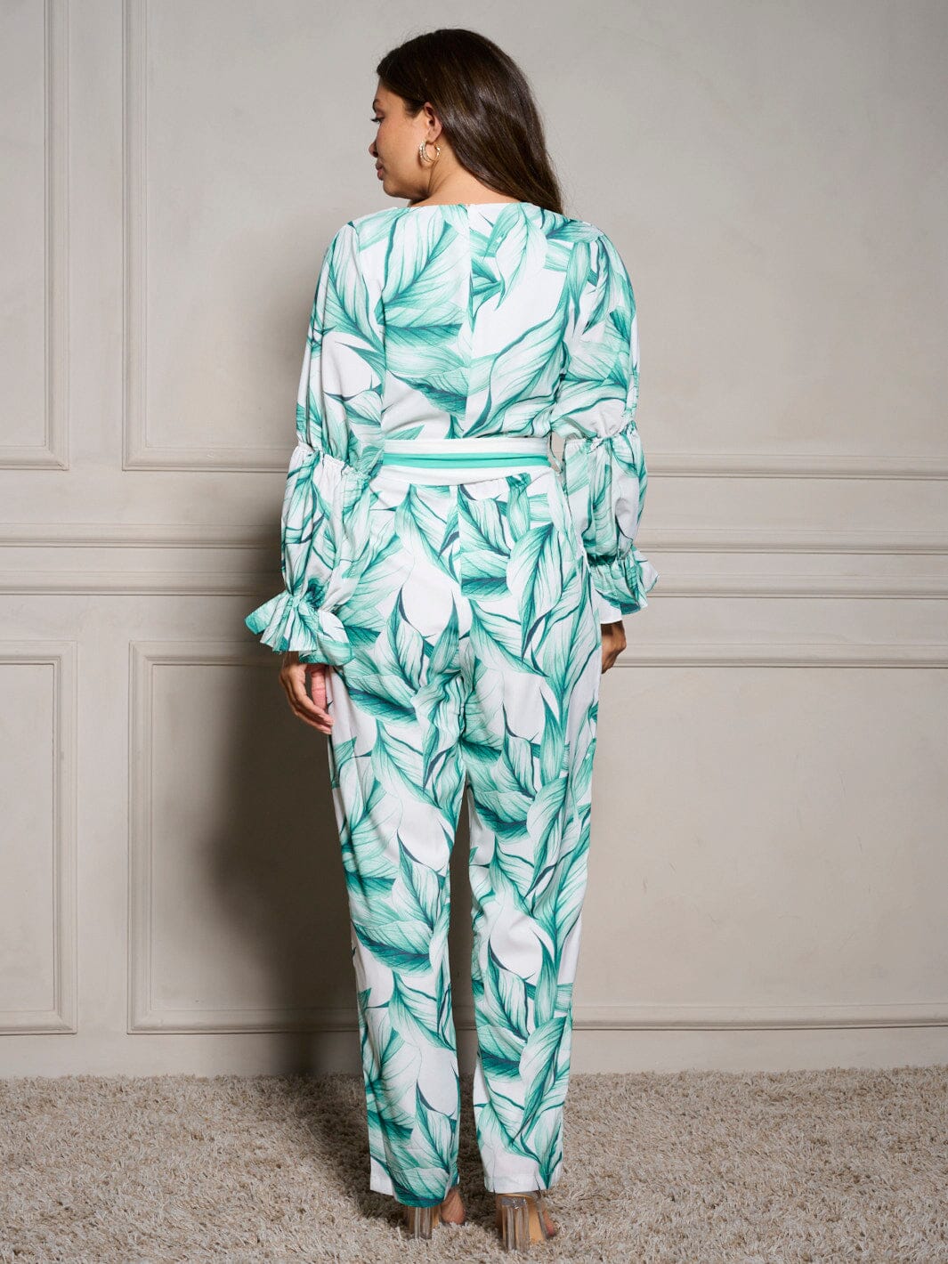 WOMEN'S LONG SLEEVE SURPLICE SELF TIE WIDE LEG LEAF PRINT JUMPSUIT