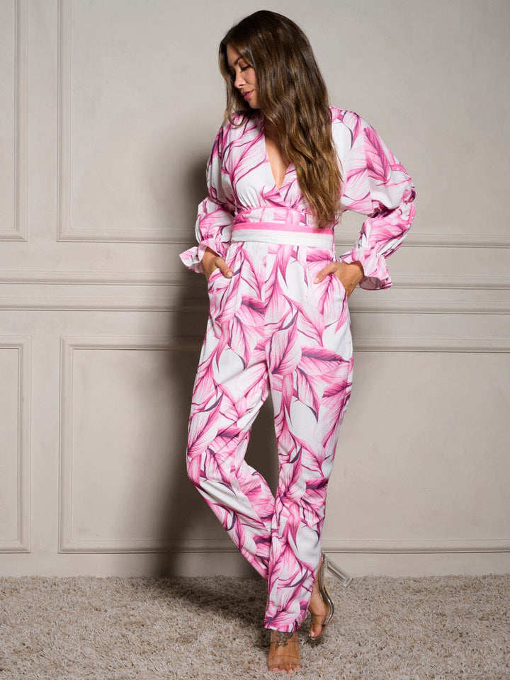 WOMEN'S LONG SLEEVE SURPLICE SELF TIE WIDE LEG LEAF PRINT JUMPSUIT