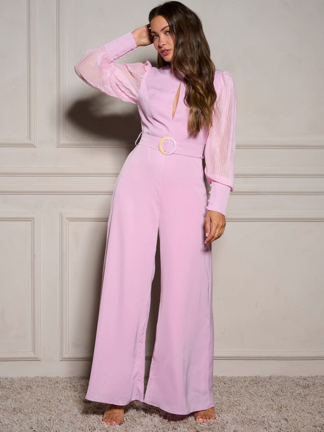 WOMEN'S LONG SLEEVE FRONT CUT OUT BELTED WIDE LEG JUMPSUIT
