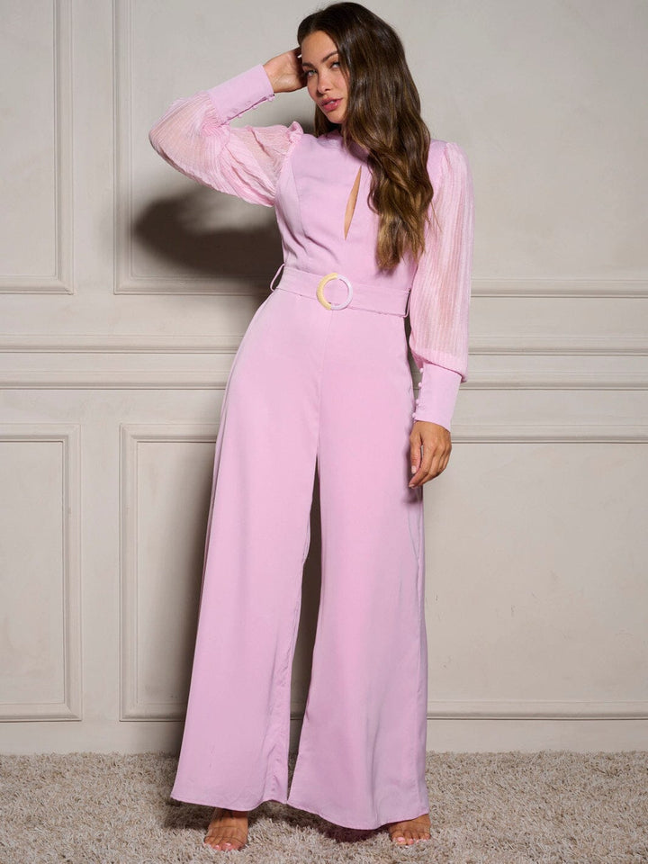 WOMEN'S LONG SLEEVE FRONT CUT OUT BELTED WIDE LEG JUMPSUIT