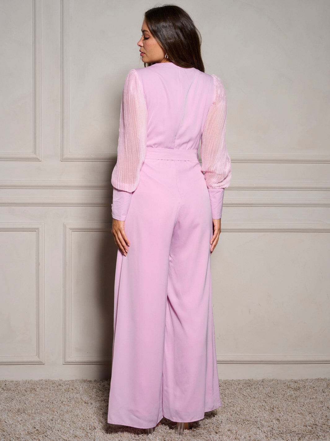 WOMEN'S LONG SLEEVE FRONT CUT OUT BELTED WIDE LEG JUMPSUIT