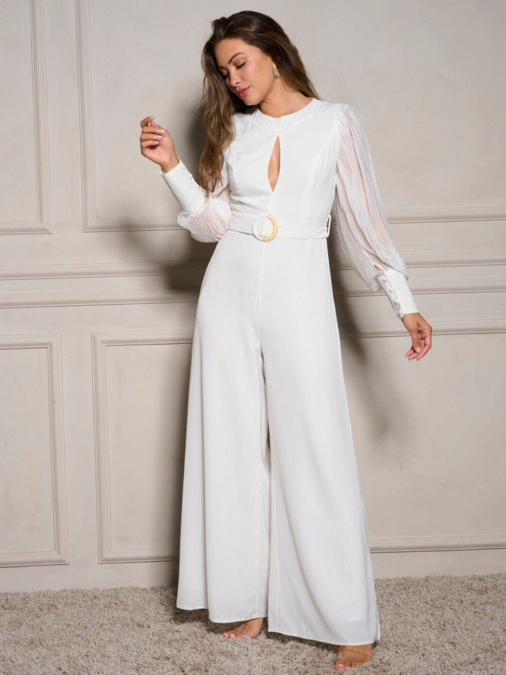 WOMEN'S LONG SLEEVE FRONT CUT OUT BELTED WIDE LEG JUMPSUIT