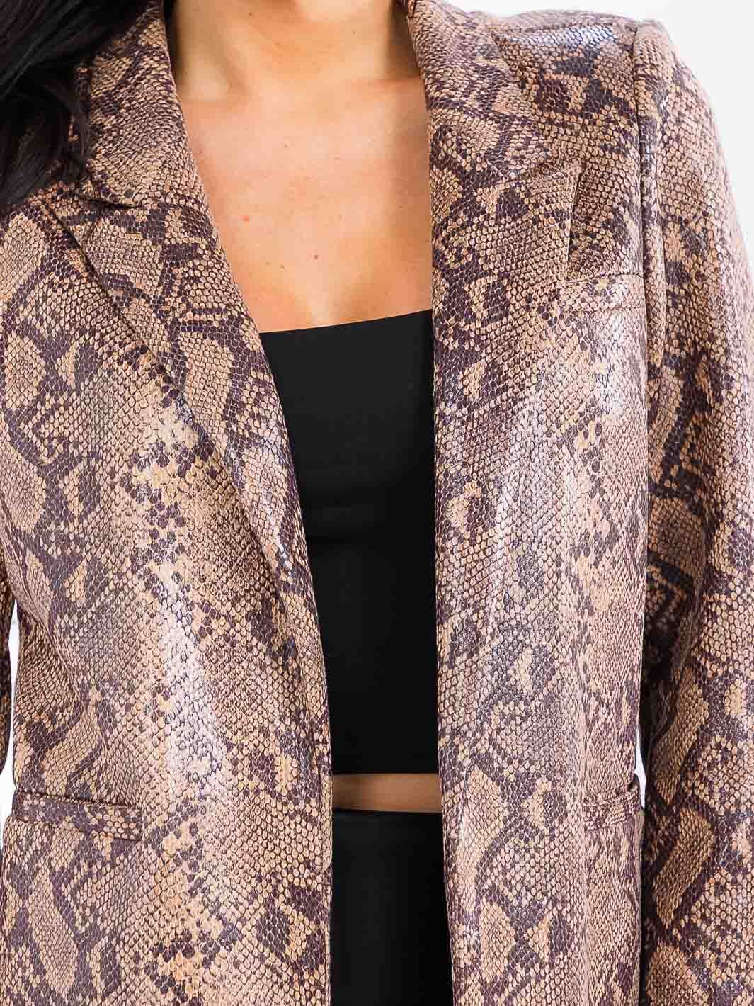 WOMEN'S LONG SLEEVE OPEN FRONT POCKETS SNAKE PRINT BLAZER