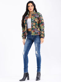 WOMEN'S LONG SLEEVE ZIP UP POCKETS FLORAL PUFFER JACKET
