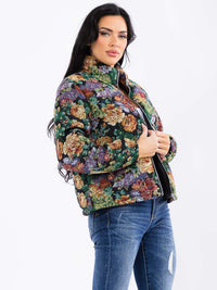 WOMEN'S LONG SLEEVE ZIP UP POCKETS FLORAL PUFFER JACKET