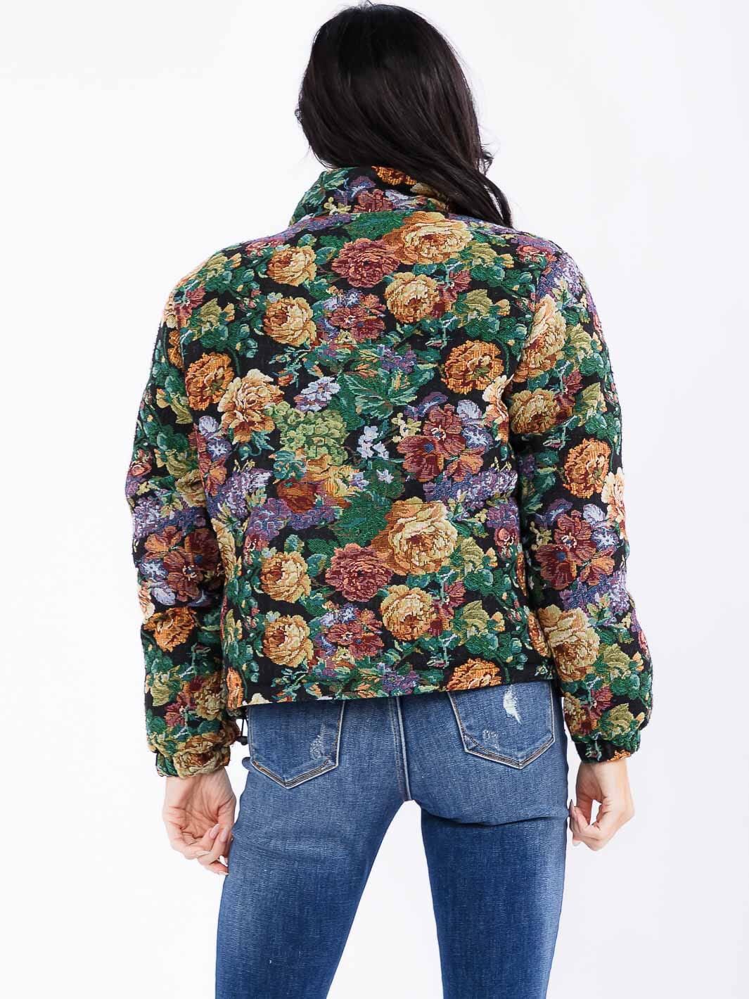 WOMEN'S LONG SLEEVE ZIP UP POCKETS FLORAL PUFFER JACKET
