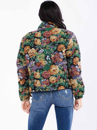 WOMEN'S LONG SLEEVE ZIP UP POCKETS FLORAL PUFFER JACKET