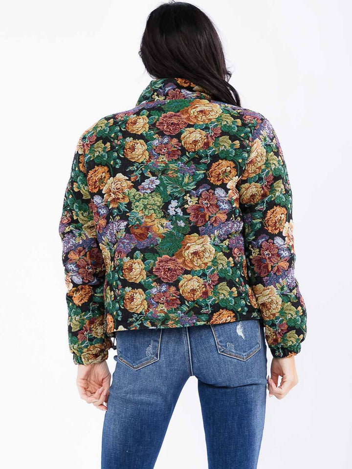 WOMEN'S LONG SLEEVE ZIP UP POCKETS FLORAL PUFFER JACKET
