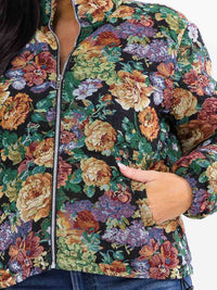 WOMEN'S LONG SLEEVE ZIP UP POCKETS FLORAL PUFFER JACKET
