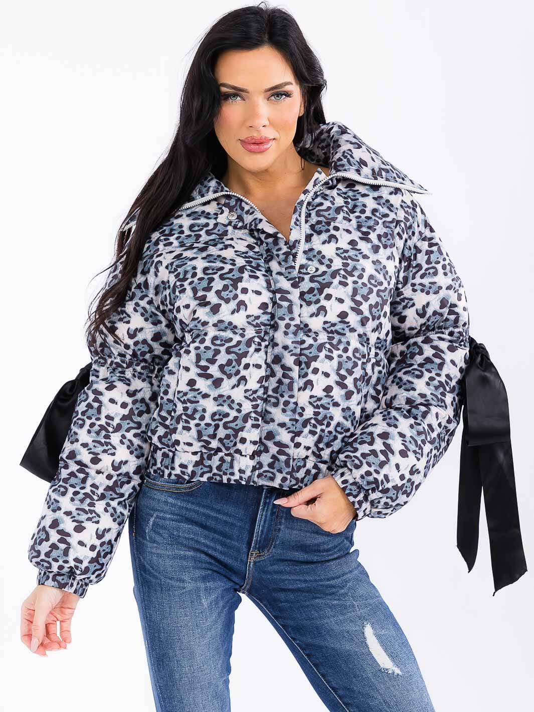 WOMEN'S LONG SLEEVE ZIP UP POCKETS ANIMAL PRINT PUFFER JACKET