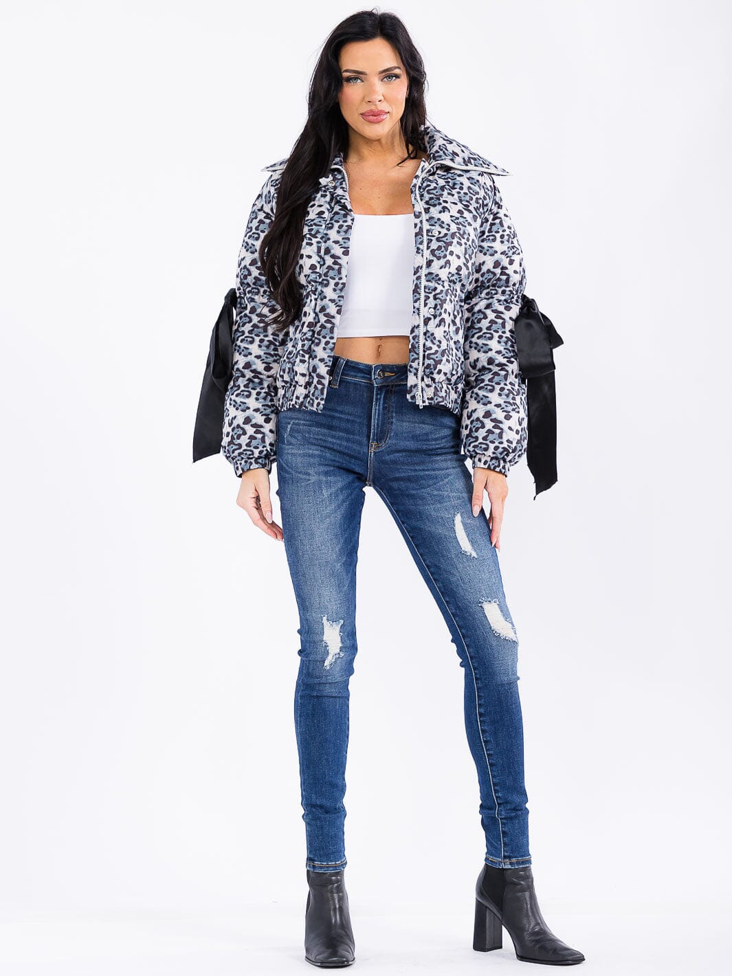 WOMEN'S LONG SLEEVE ZIP UP POCKETS ANIMAL PRINT PUFFER JACKET