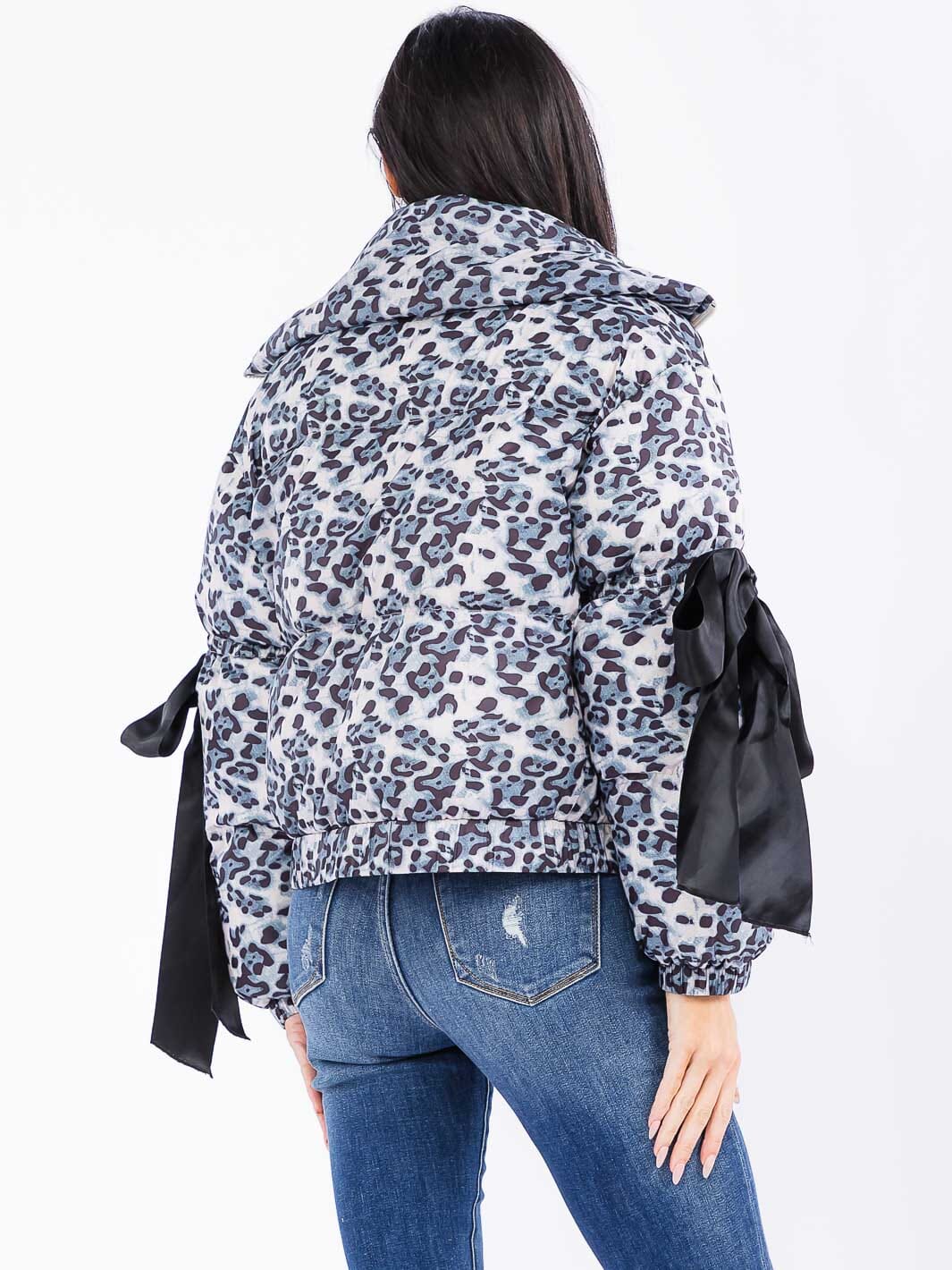 WOMEN'S LONG SLEEVE ZIP UP POCKETS ANIMAL PRINT PUFFER JACKET
