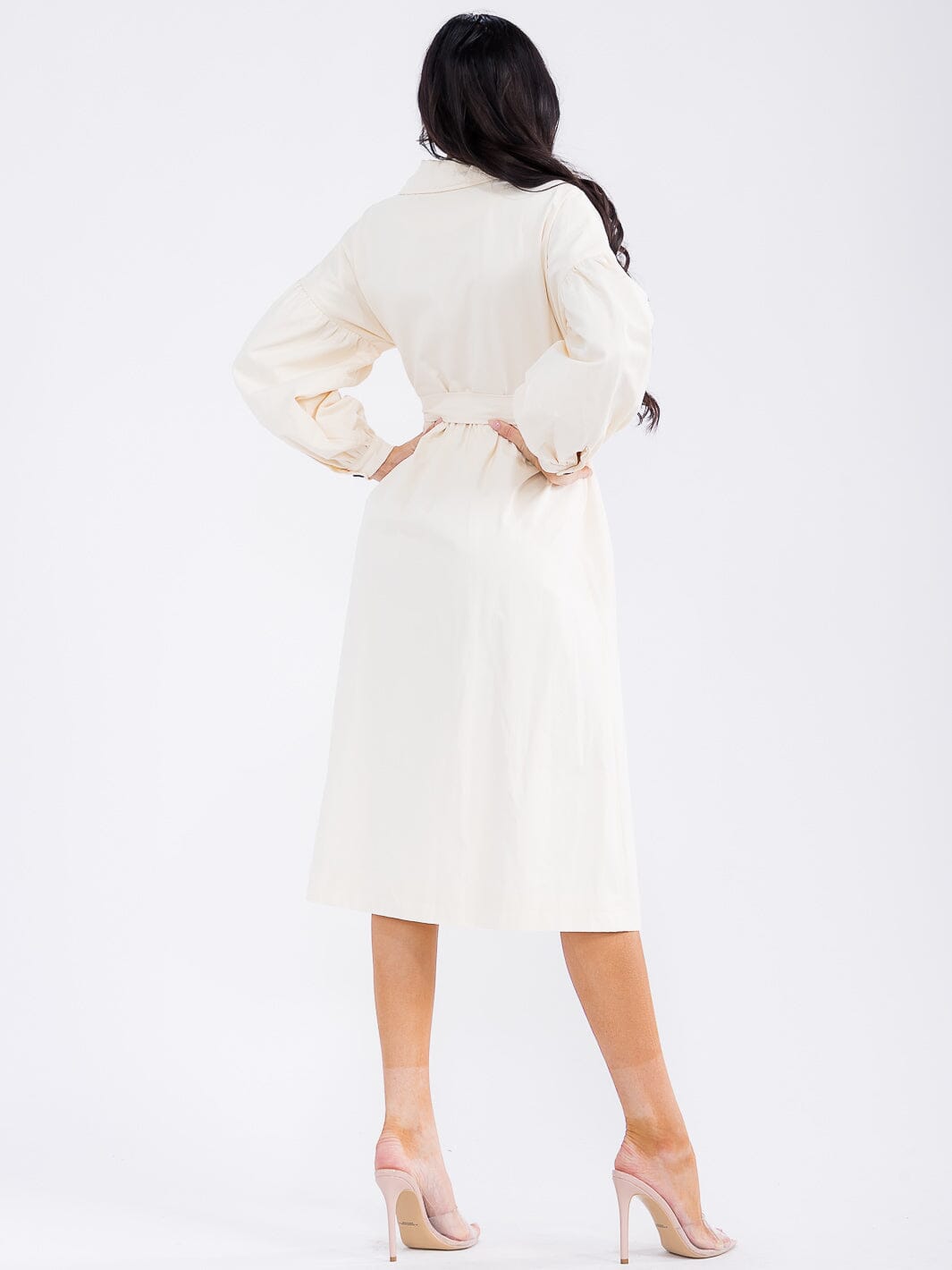 WOMEN'S LONG SLEEVE BUTTON UP SELF TIE DENIM MIDI DRESS