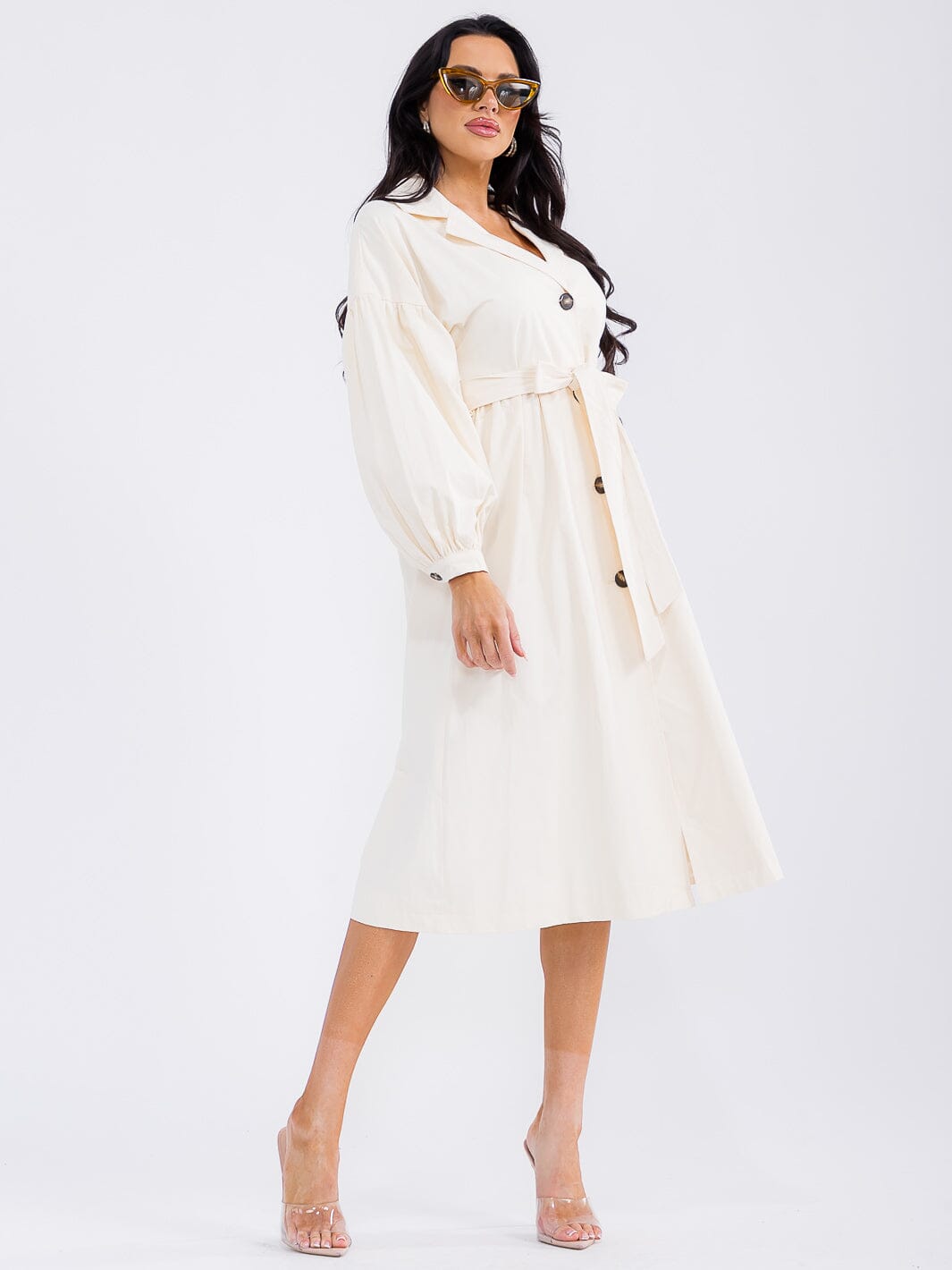 WOMEN'S LONG SLEEVE BUTTON UP SELF TIE DENIM MIDI DRESS