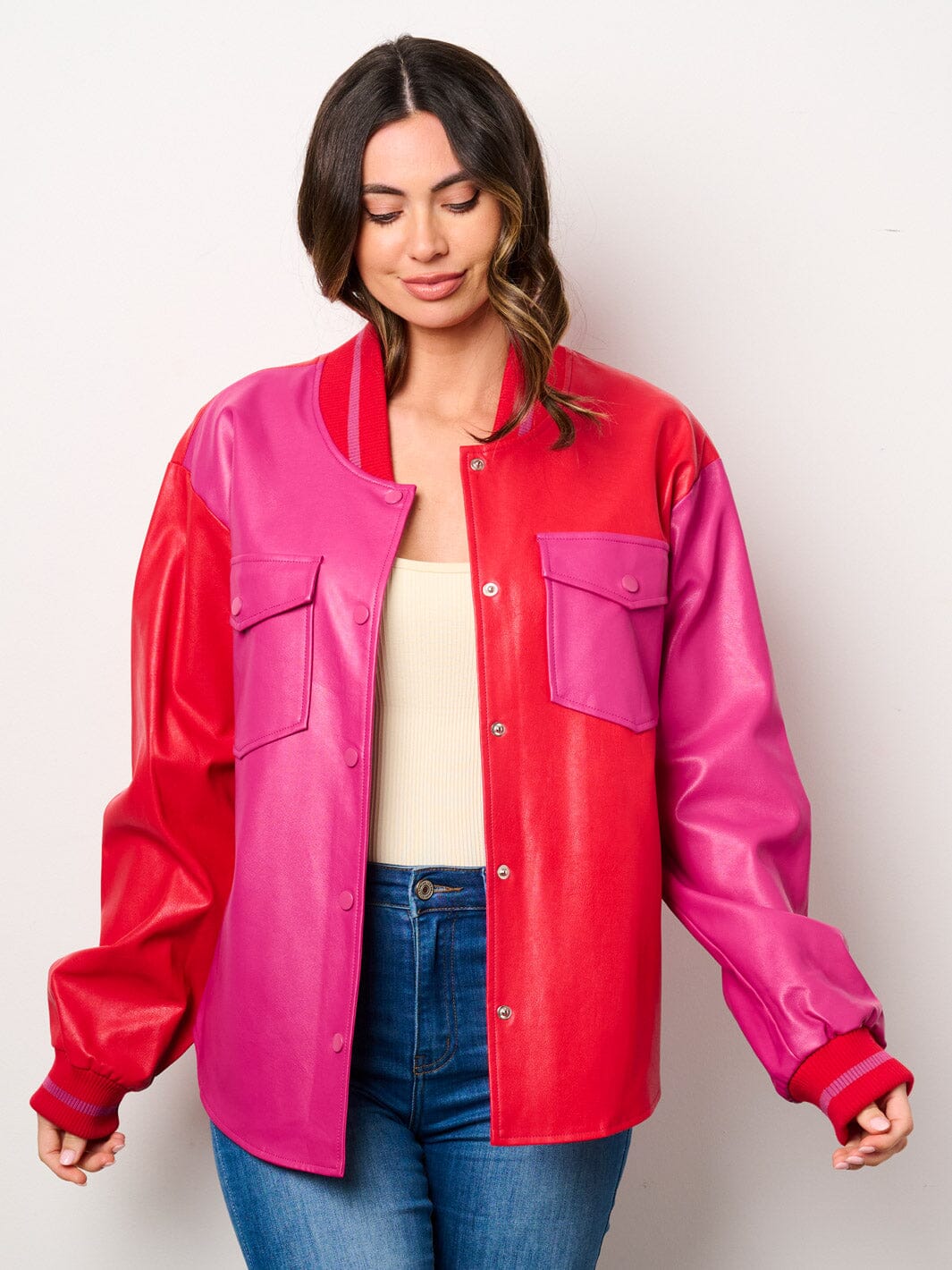 WOMEN'S LONG SLEEVE POCKETS BUTTON CLOSURE COLORBLOCK PU PLEATHER JACKET