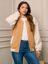 WOMEN'S LONG SLEEVE BUTTON CLOSURE SHERPA COLORBLOCK JACKET
