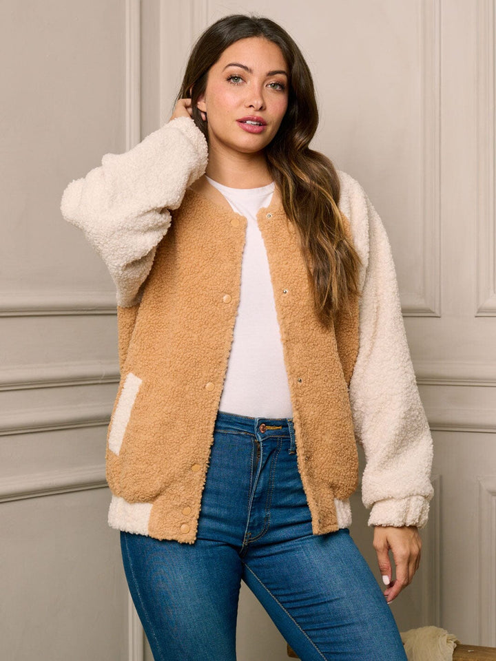 WOMEN'S LONG SLEEVE BUTTON CLOSURE SHERPA COLORBLOCK JACKET